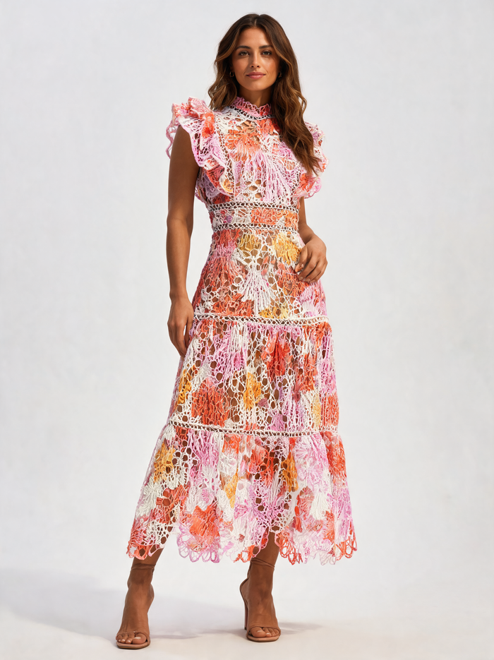 Nicolette Embroidered-Lace Ruffle-Sleeve Maxi Dress - Multicolour