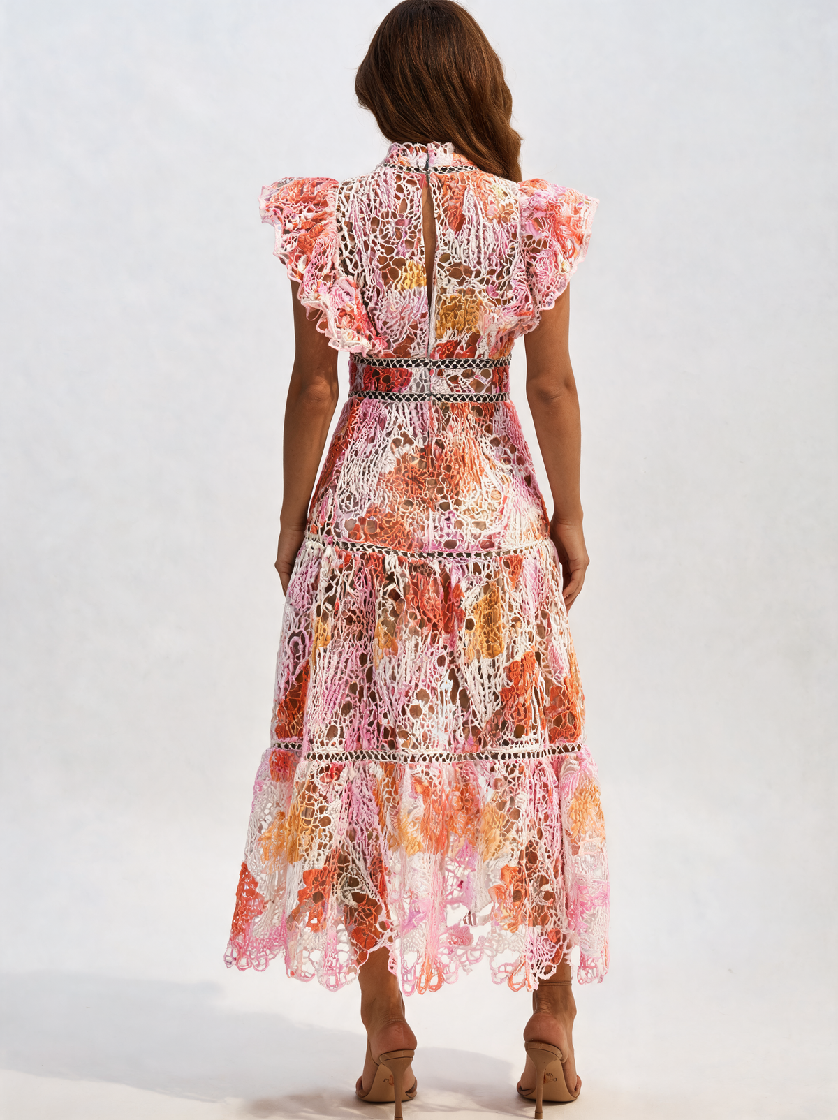 Nicolette Embroidered-Lace Ruffle-Sleeve Maxi Dress - Multicolour