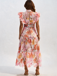 Nicolette Embroidered-Lace Ruffle-Sleeve Maxi Dress - Multicolour
