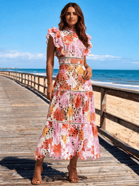 Nicolette Embroidered-Lace Ruffle-Sleeve Maxi Dress - Multicolour