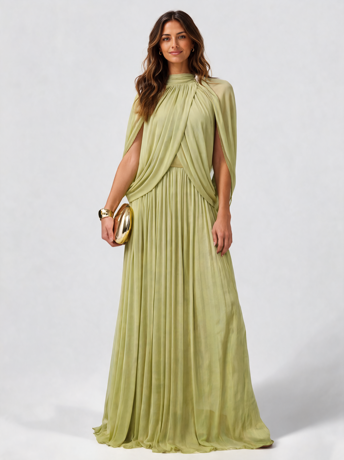 Nadezhda Draped Cape-Sleeve Pleated Maxi Dress - Green