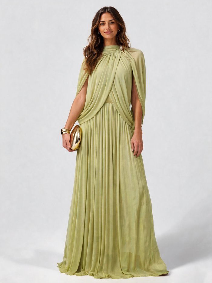 Nadezhda Draped Cape-Sleeve Pleated Maxi Dress - Green