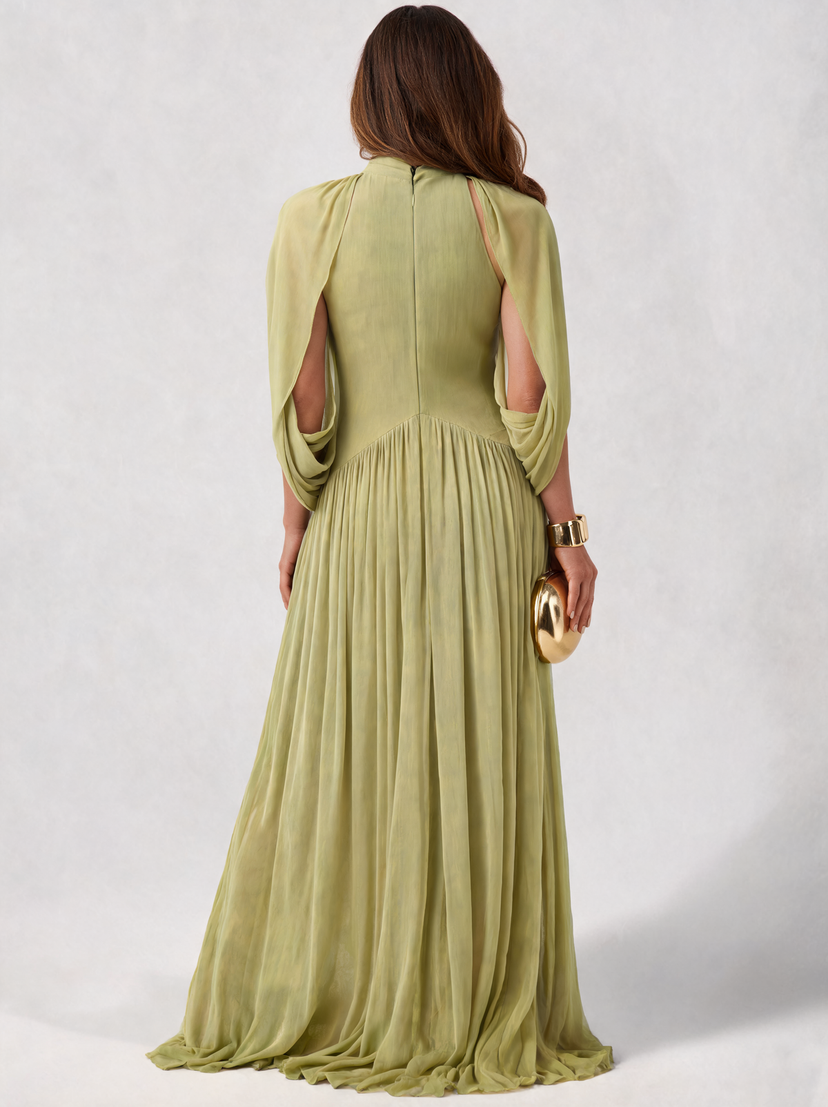 Nadezhda Draped Cape-Sleeve Pleated Maxi Dress - Green