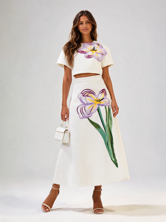 Jovienne 3D Floral-Appliqué Crop Top & Skirt Set