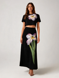 Jovienne 3D Floral-Appliqué Crop Top & Skirt Set