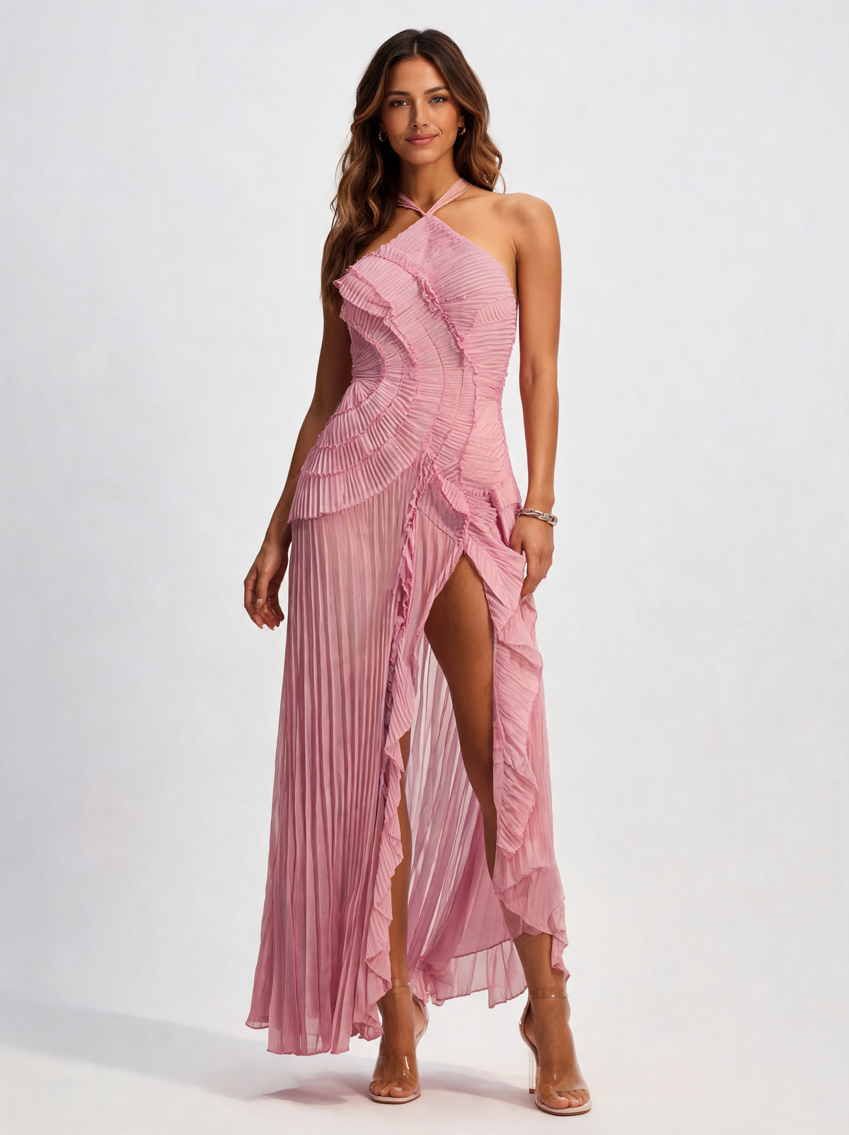 Hyacintha Asymmetric Pleated Halter Midi Dress