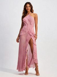 Hyacintha Asymmetric Pleated Halter Midi Dress