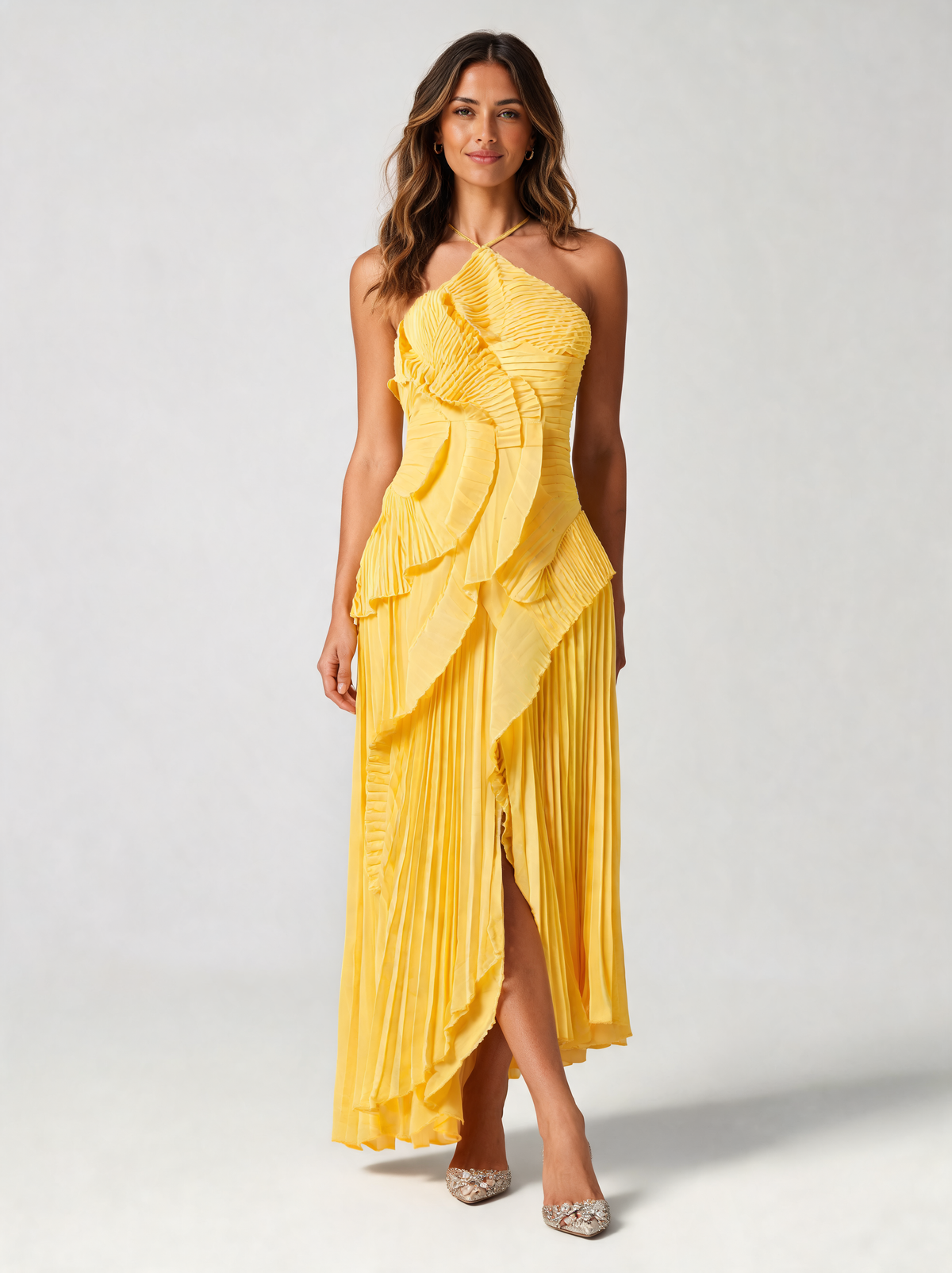 Hyacintha Asymmetric Pleated Halter Midi Dress
