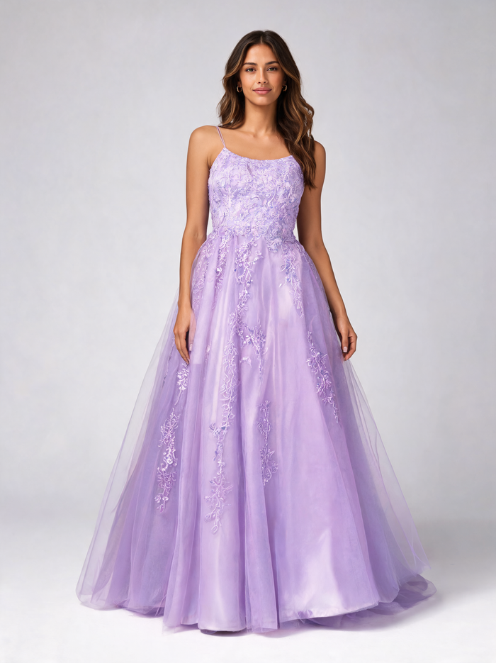 Graciela Appliqué Lace-Up Tulle Evening Gown