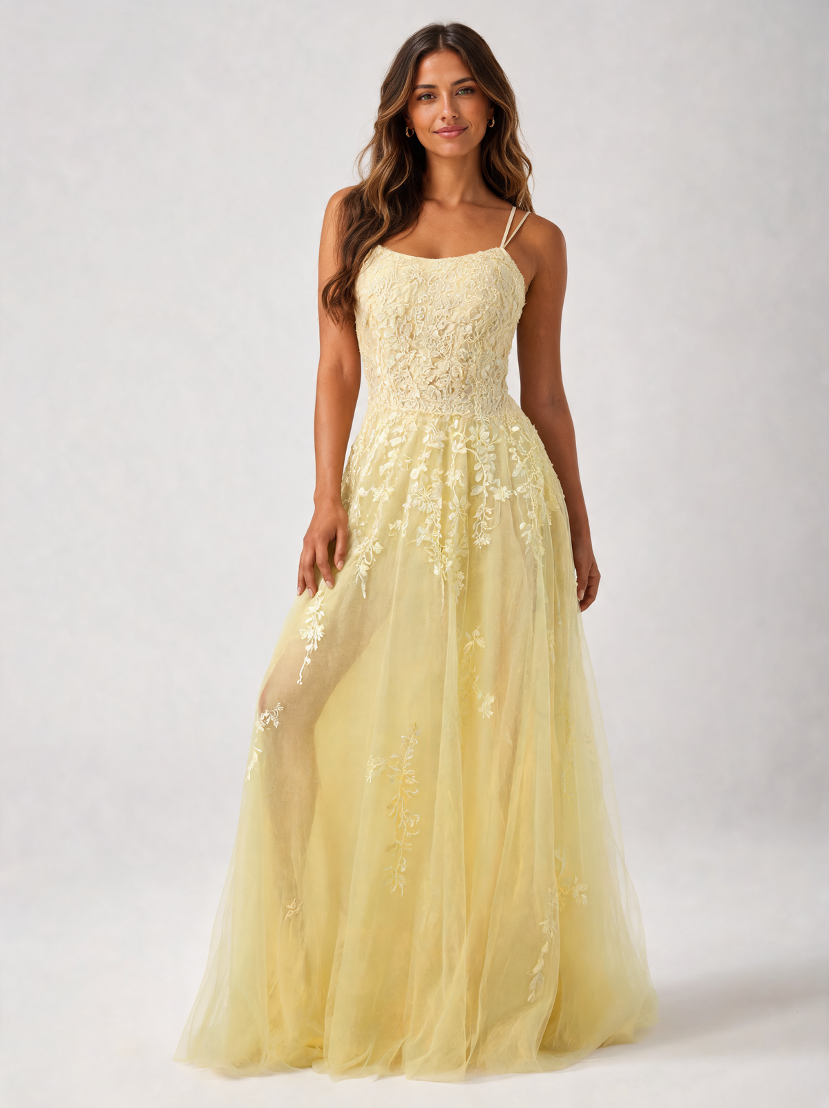 Graciela Appliqué Lace-Up Tulle Evening Gown