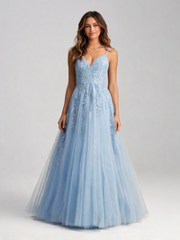 Graciela Appliqué Lace-Up Tulle Evening Gown