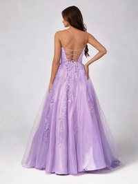 Graciela Appliqué Lace-Up Tulle Evening Gown