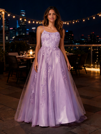 Graciela Appliqué Lace-Up Tulle Evening Gown