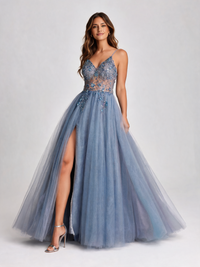 Floretta V-Neck Split Tulle Evening Gown