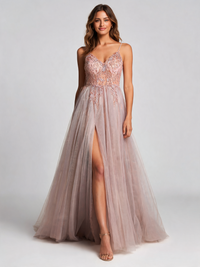 Floretta V-Neck Split Tulle Evening Gown