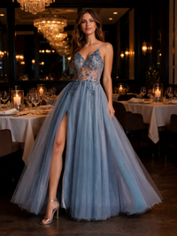 Floretta V-Neck Split Tulle Evening Gown