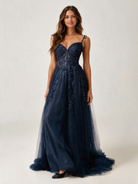 Elowena Appliqué Corset Tulle Evening Gown
