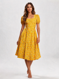 Avelise Square-Neck Lace-Sleeve A-Line Midi Dress