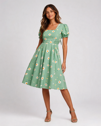 Avelise Square-Neck Lace-Sleeve A-Line Midi Dress