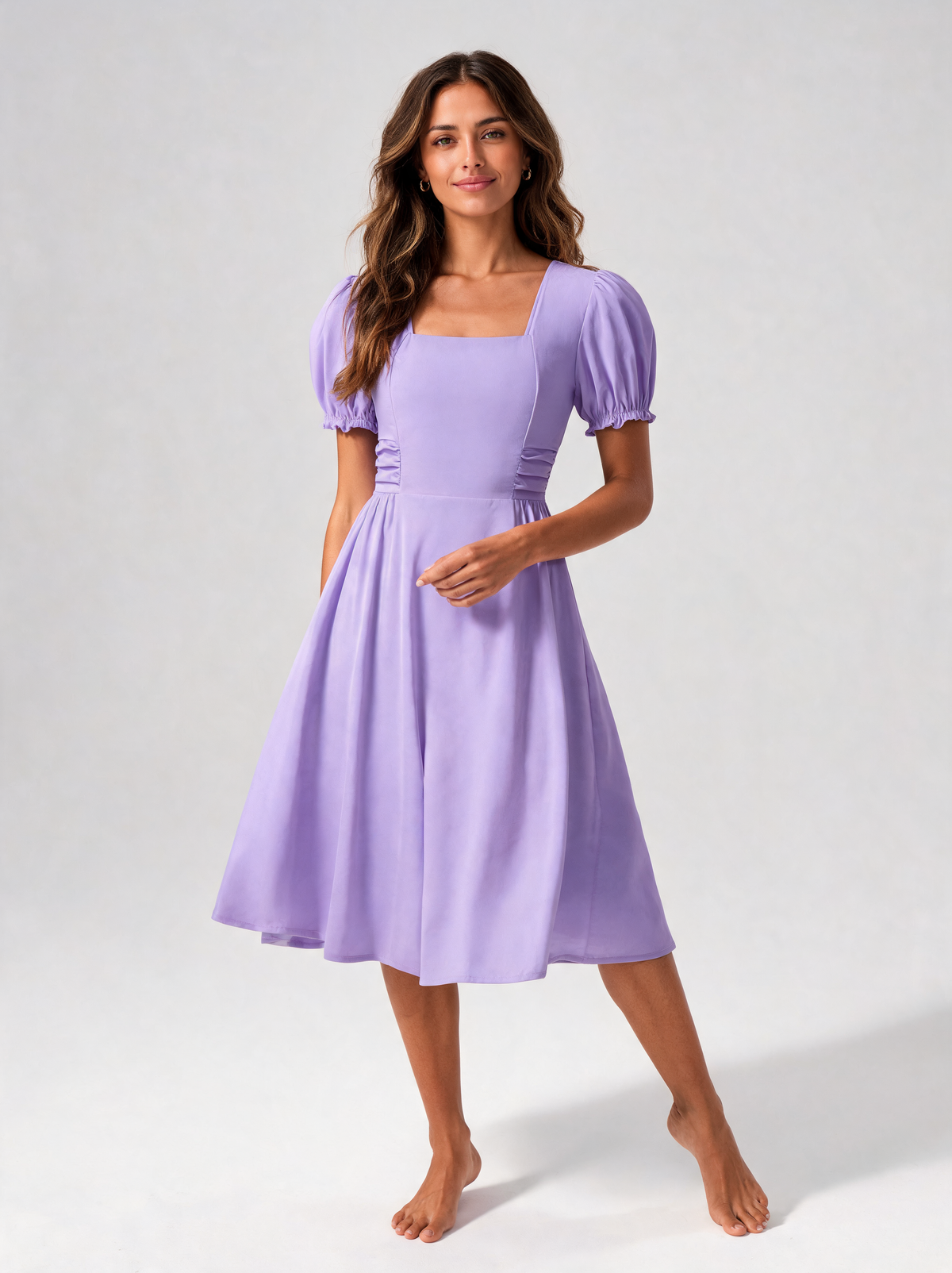 Avelise Square-Neck Lace-Sleeve A-Line Midi Dress