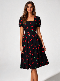 Avelise Square-Neck Lace-Sleeve A-Line Midi Dress