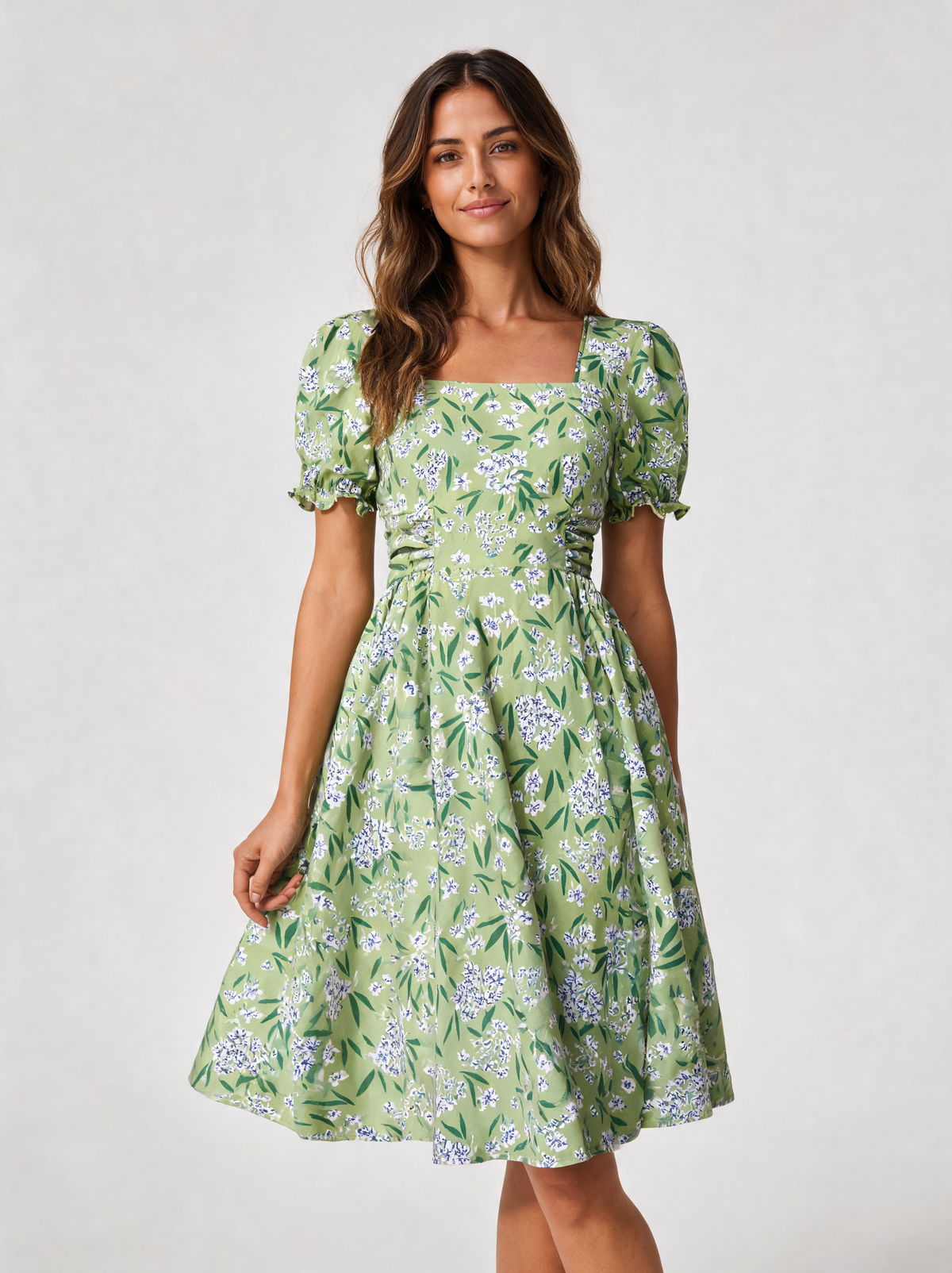 Avelise Square-Neck Lace-Sleeve A-Line Midi Dress