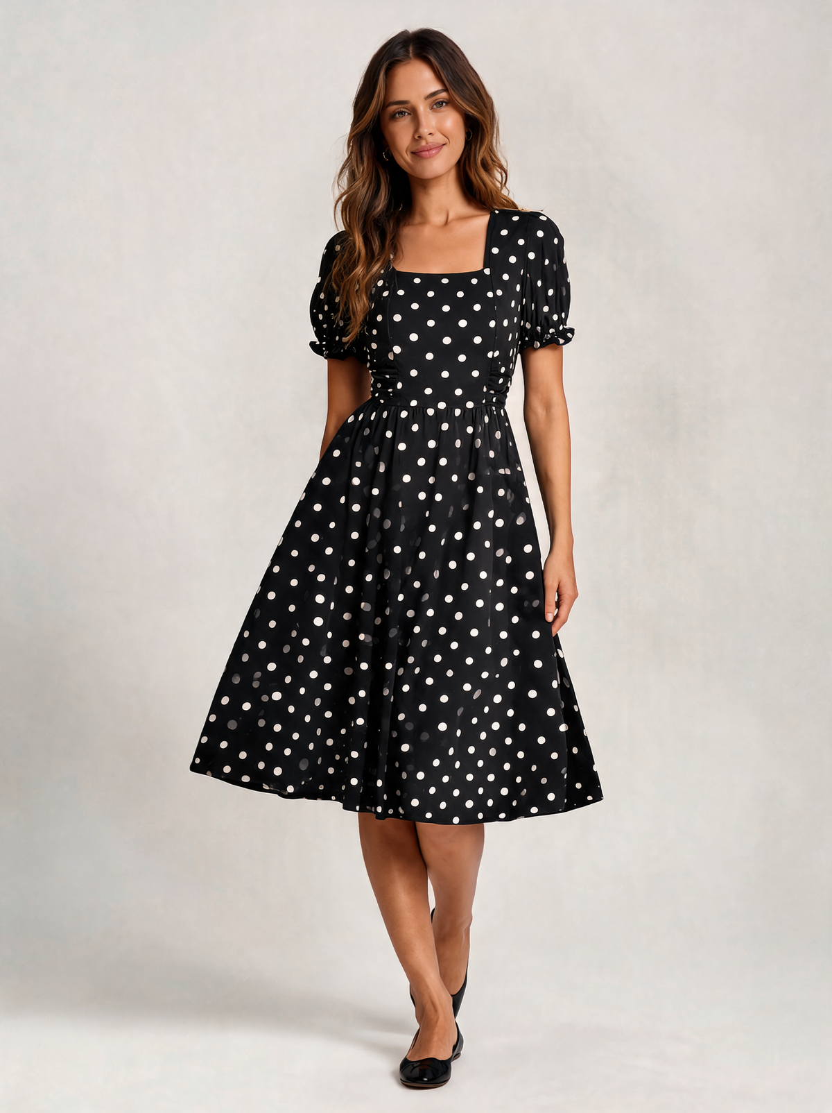 Avelise Square-Neck Lace-Sleeve A-Line Midi Dress
