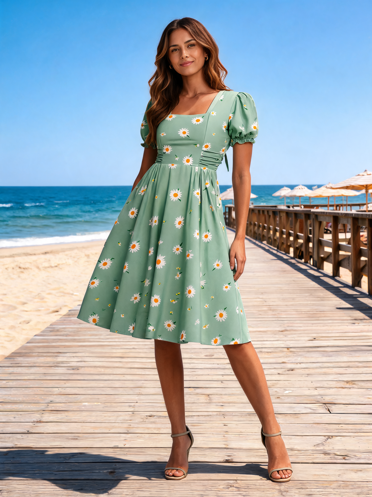 Avelise Square-Neck Lace-Sleeve A-Line Midi Dress