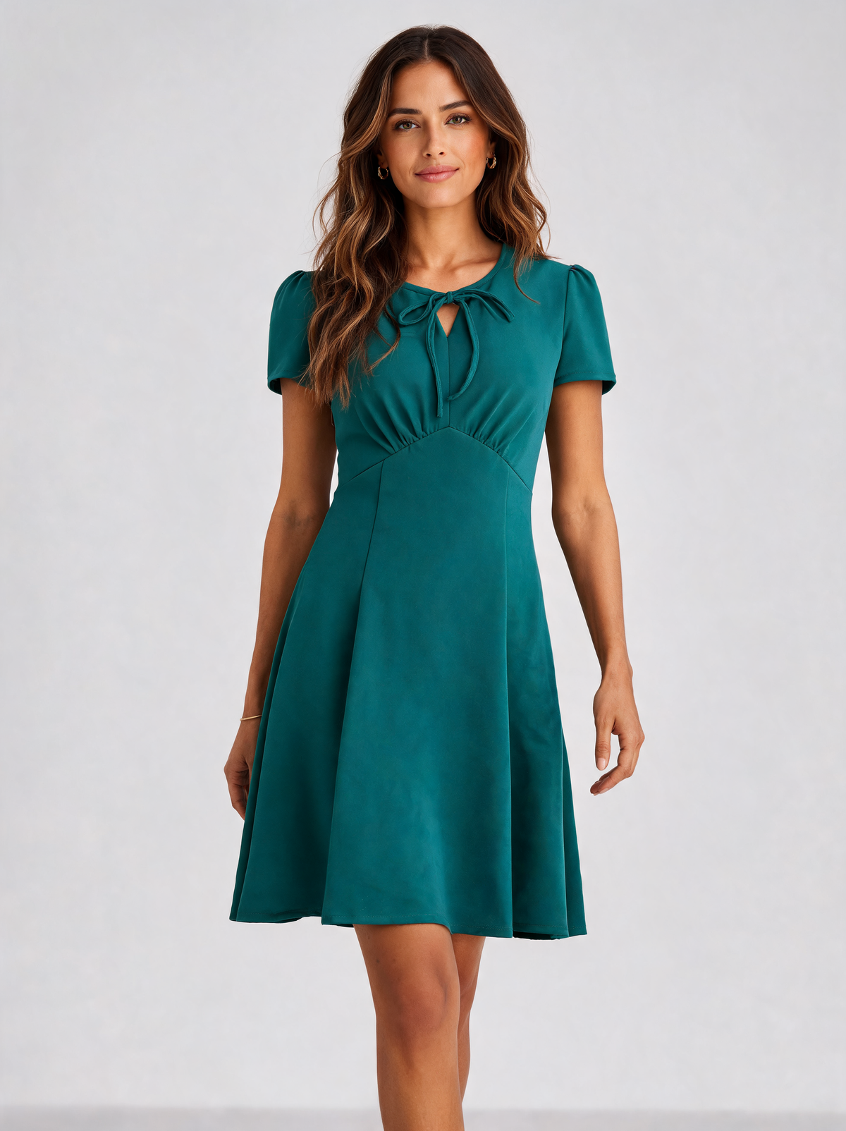 Abrienna Tie-Neck Puff-Sleeve A-Line Midi Dress