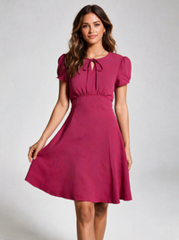 Abrienna Tie-Neck Puff-Sleeve A-Line Midi Dress