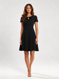 Abrienna Tie-Neck Puff-Sleeve A-Line Midi Dress