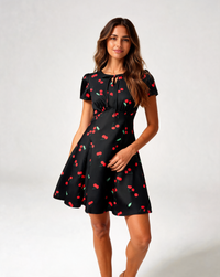 Abrienna Tie-Neck Puff-Sleeve A-Line Midi Dress
