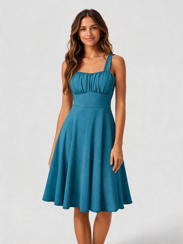 Sapphira Vintage Ruched-Bodice A-Line Midi Dress