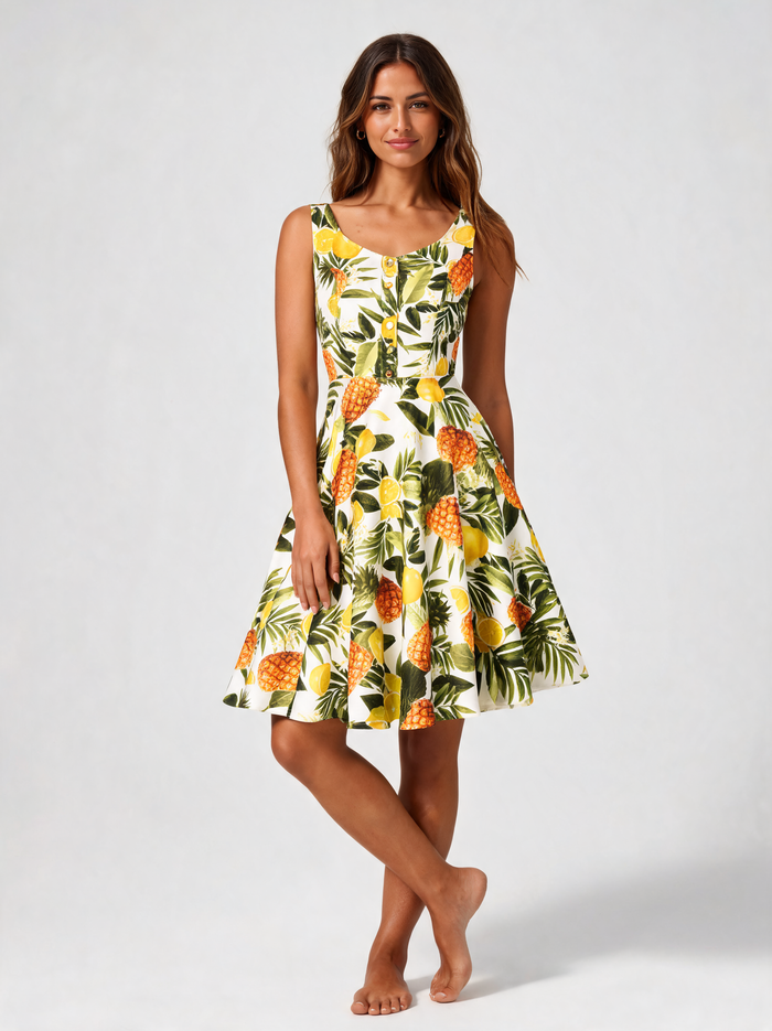 Rhoswen Vintage Button-Front A-Line Midi Dress