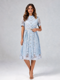 Pomeline Cutwork-Embroidered Pearl-Belt Midi Dress - Blue