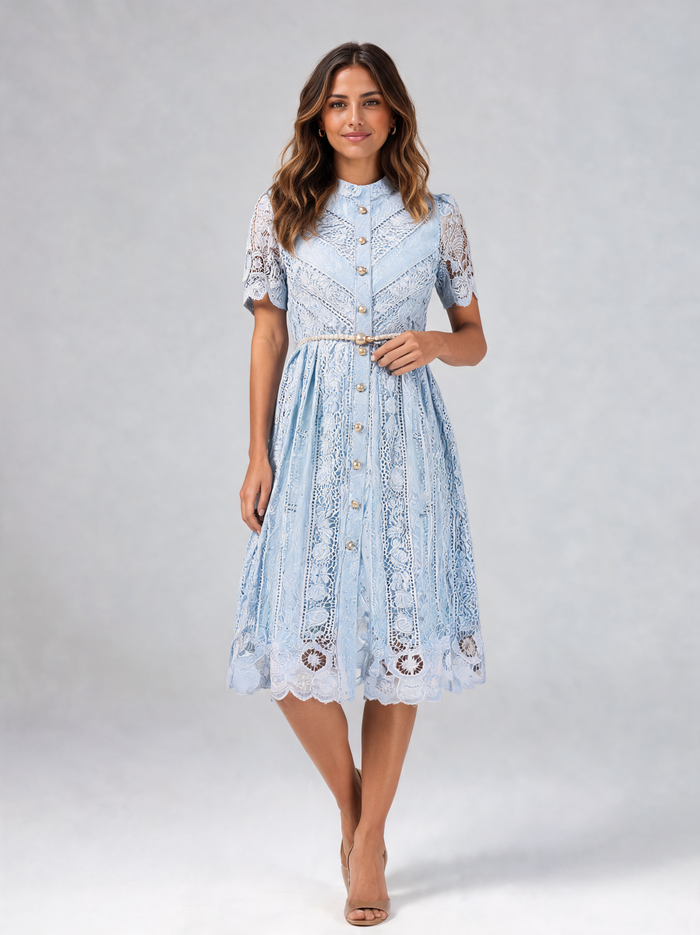 Pomeline Cutwork-Embroidered Pearl-Belt Midi Dress - Blue