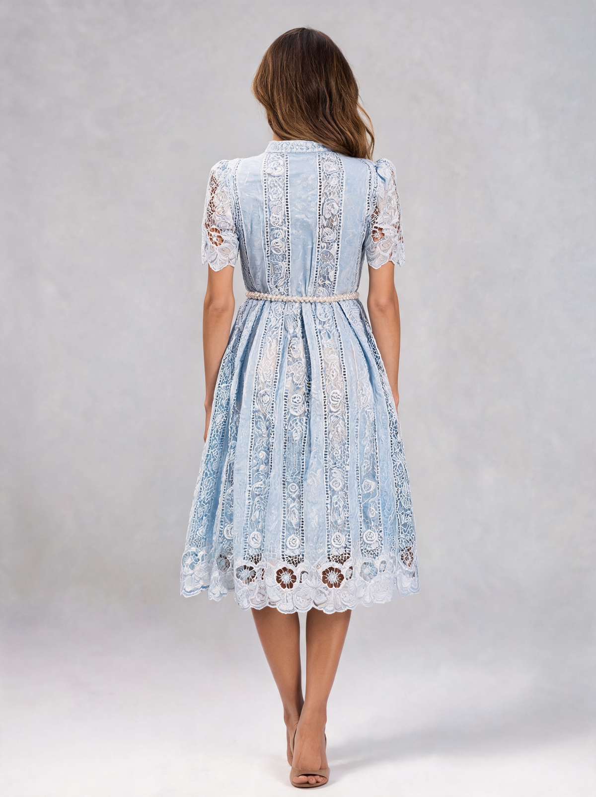 Pomeline Cutwork-Embroidered Pearl-Belt Midi Dress - Blue