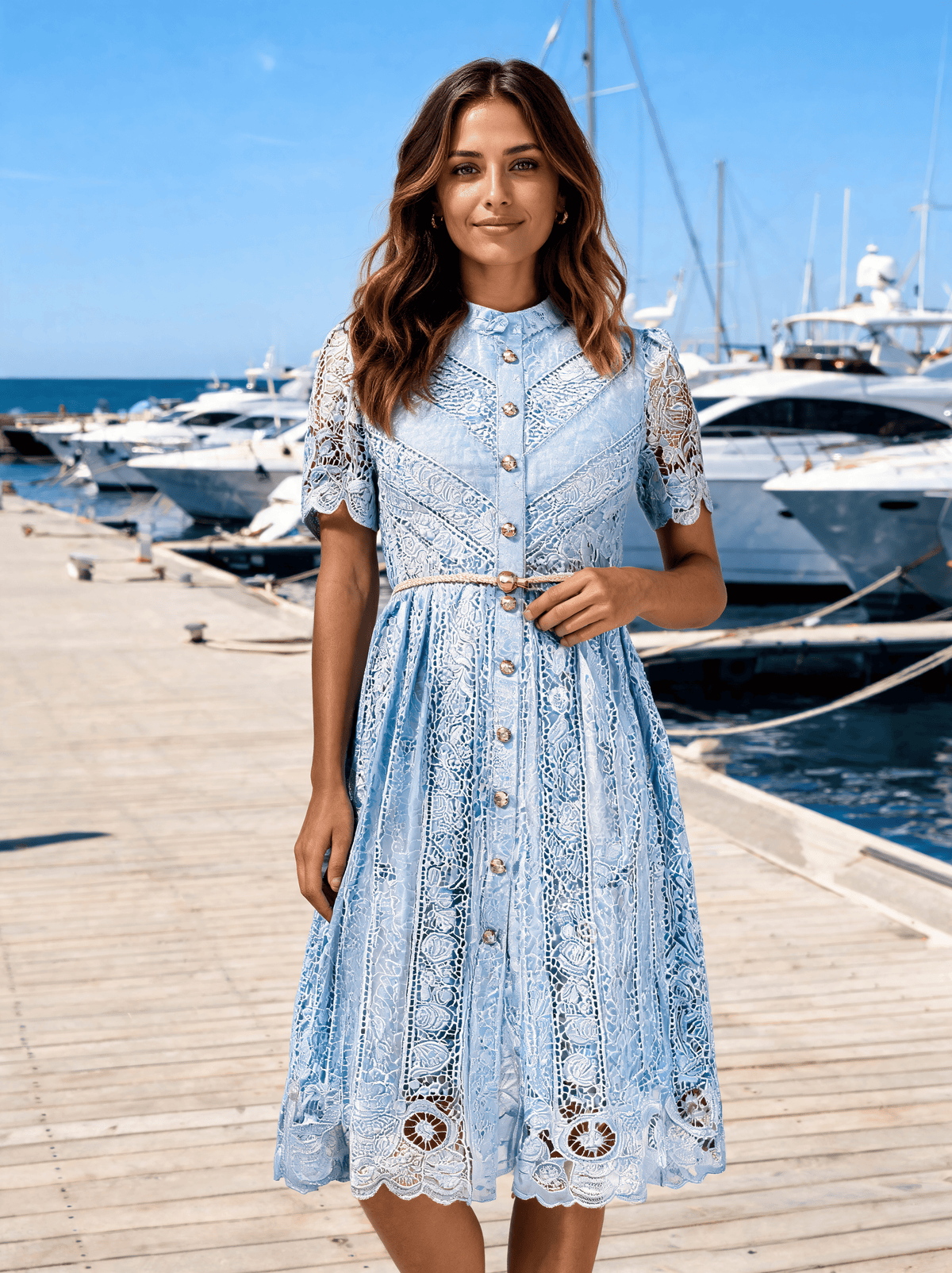 Pomeline Cutwork-Embroidered Pearl-Belt Midi Dress - Blue