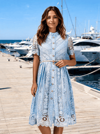 Pomeline Cutwork-Embroidered Pearl-Belt Midi Dress - Blue
