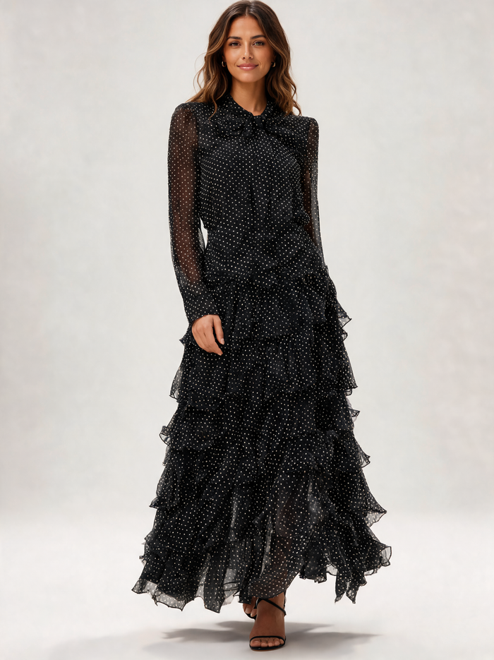 Niamh Polka-Dot Bow-Neck Ruffle Maxi Dress - Black