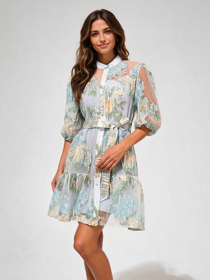 Nelleke Floral-Jacquard Puff-Sleeve Mini Dress - Baby Blue
