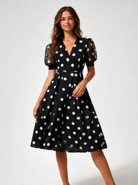 Naiara Polka-Dot Puff-Sleeve Wrap Midi Dress - Black