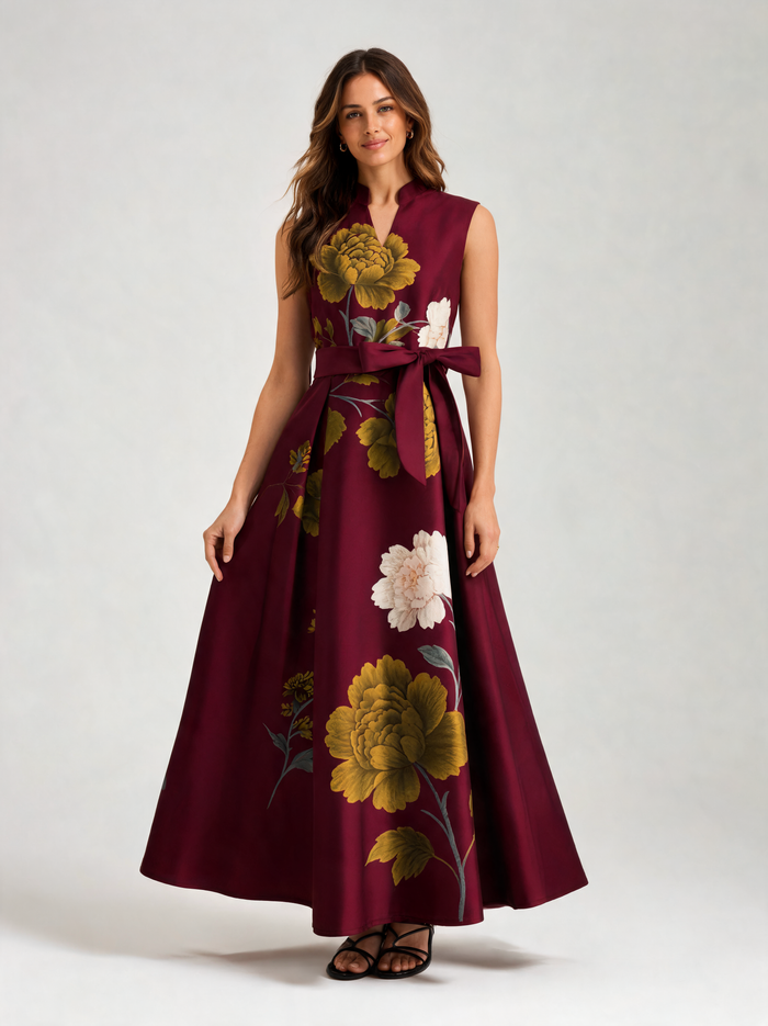 Millicent Peony-Print Tie-Waist A-Line Maxi Dress - Burgundy