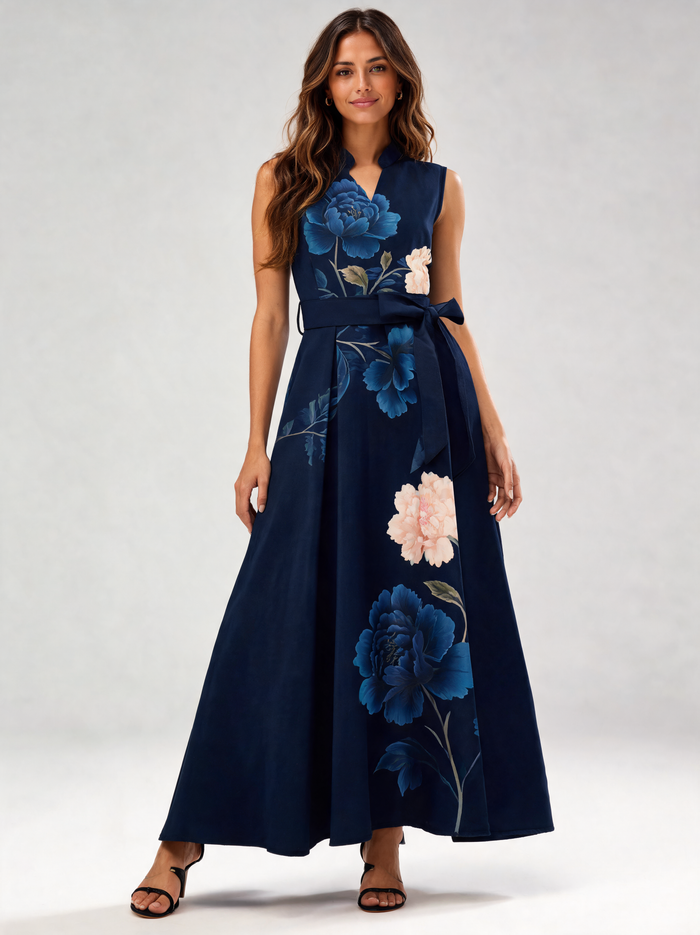 Mazarine Peony-Print Tie-Waist A-Line Maxi Dress
