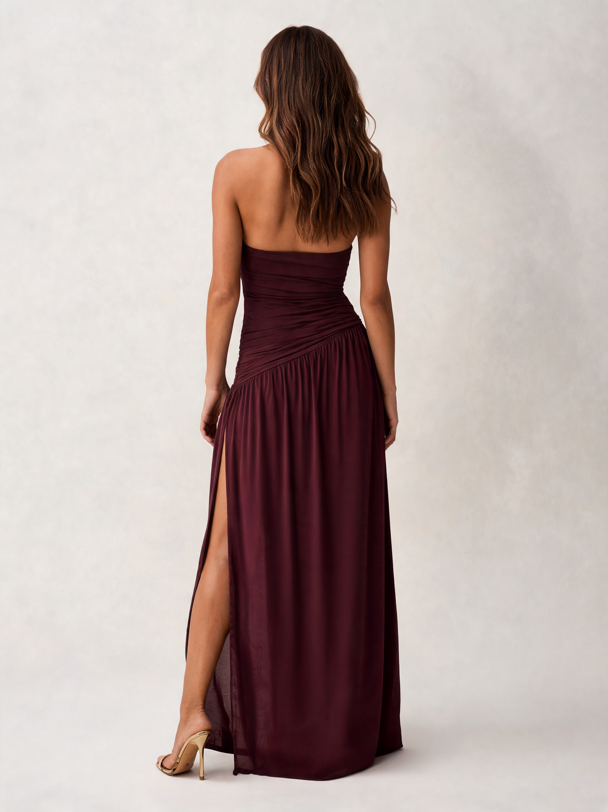 Maelys Strapless Ruched Split Maxi Dress - Burgundy