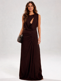 Lorienne Asymmetric Cut-Out Chiffon Maxi Dress - Cacao Brown