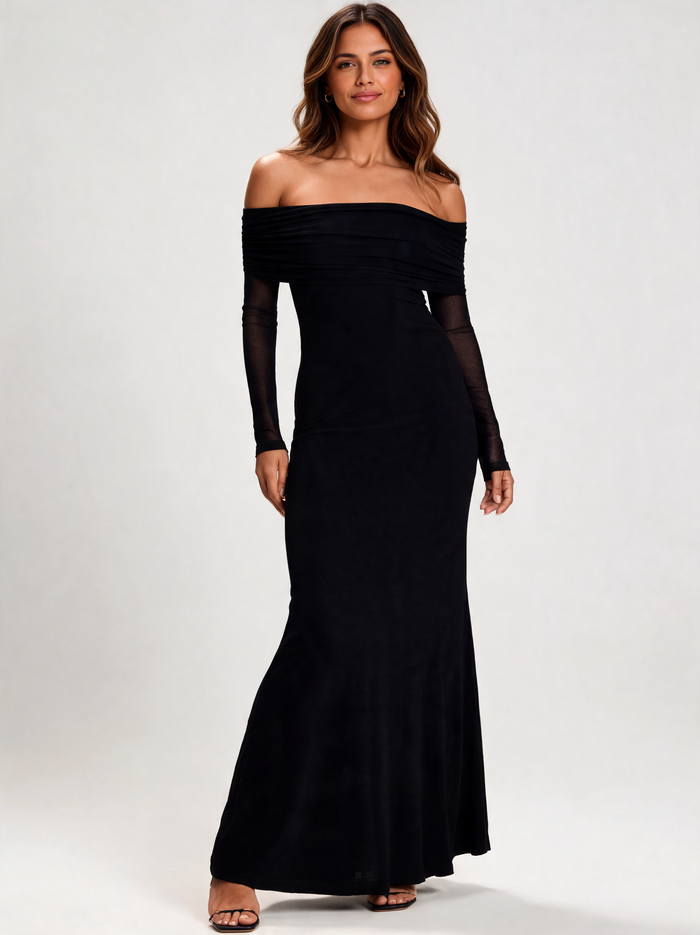 Jessalyn Off-Shoulder Mesh-Overlay Maxi Dress - Black