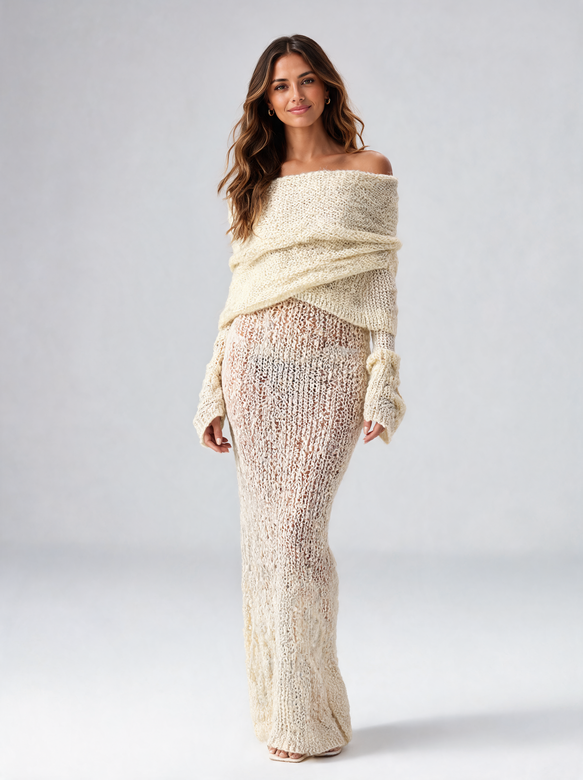 Gracelyn Off-Shoulder Boucle Maxi Dress - Ivory