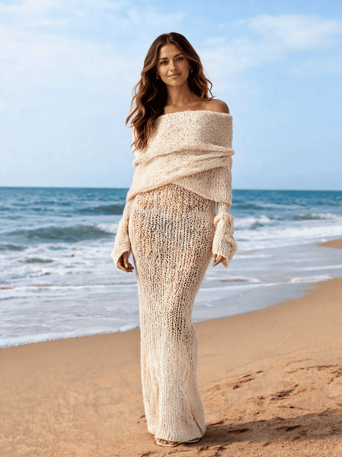 Gracelyn Off-Shoulder Boucle Maxi Dress - Ivory