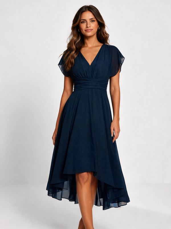 Demelza Tulle V-Neck Flutter-Sleeve Midi Dress - Dark Blue